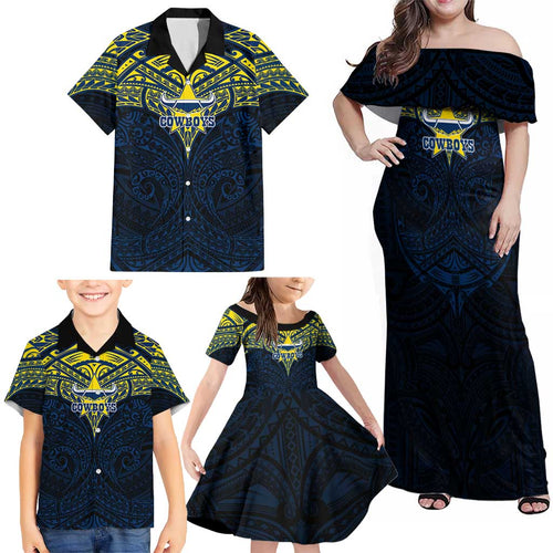 Personalized North Queensland Cowboys Family Matching Off Shoulder Maxi Dress and Hawaiian Shirt Polynesian Tribal Pattern Style