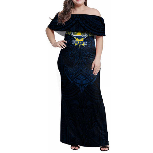 Personalized North Queensland Cowboys Family Matching Off Shoulder Maxi Dress and Hawaiian Shirt Polynesian Tribal Pattern Style