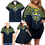 Personalized North Queensland Cowboys Family Matching Off Shoulder Short Dress and Hawaiian Shirt Polynesian Tribal Pattern Style