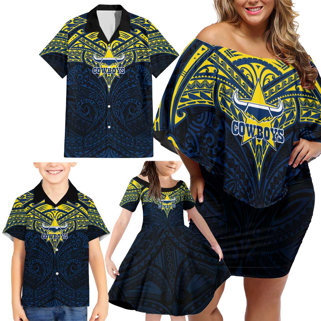 Personalized North Queensland Cowboys Family Matching Off Shoulder Short Dress and Hawaiian Shirt Polynesian Tribal Pattern Style