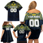 Personalized North Queensland Cowboys Family Matching Off Shoulder Short Dress and Hawaiian Shirt Polynesian Tribal Pattern Style