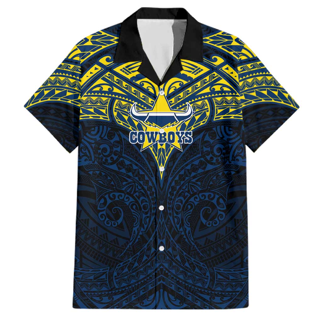 Personalized North Queensland Cowboys Family Matching Off Shoulder Short Dress and Hawaiian Shirt Polynesian Tribal Pattern Style