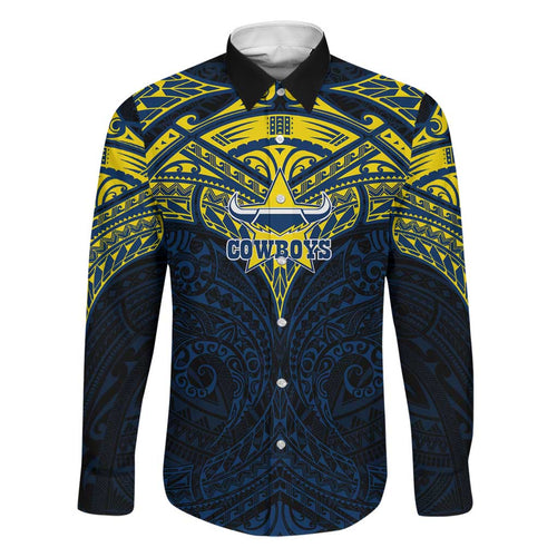 Personalized North Queensland Cowboys Family Matching Off Shoulder Short Dress and Hawaiian Shirt Polynesian Tribal Pattern Style