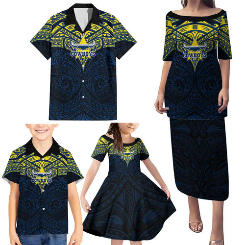 Personalized North Queensland Cowboys Family Matching Puletasi and Hawaiian Shirt Polynesian Tribal Pattern Style