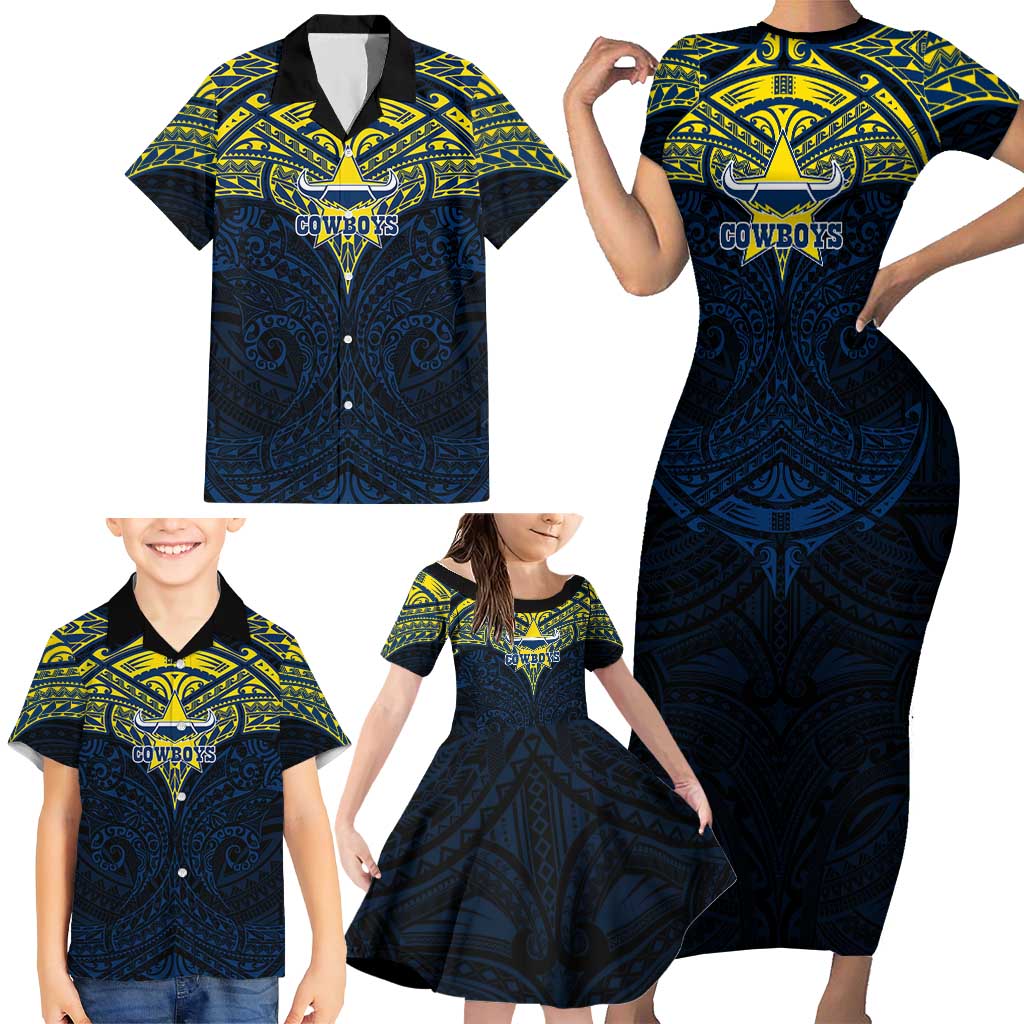 Personalized North Queensland Cowboys Family Matching Short Sleeve Bodycon Dress and Hawaiian Shirt Polynesian Tribal Pattern Style