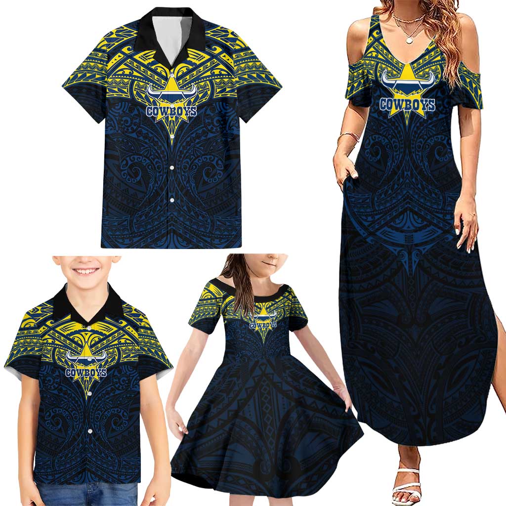 Personalized North Queensland Cowboys Family Matching Summer Maxi Dress and Hawaiian Shirt Polynesian Tribal Pattern Style