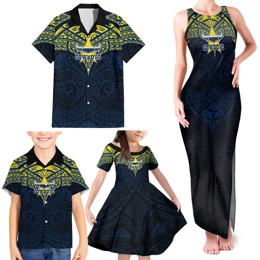 Personalized North Queensland Cowboys Family Matching Tank Maxi Dress and Hawaiian Shirt Polynesian Tribal Pattern Style