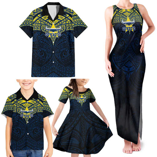 Personalized North Queensland Cowboys Family Matching Tank Maxi Dress and Hawaiian Shirt Polynesian Tribal Pattern Style
