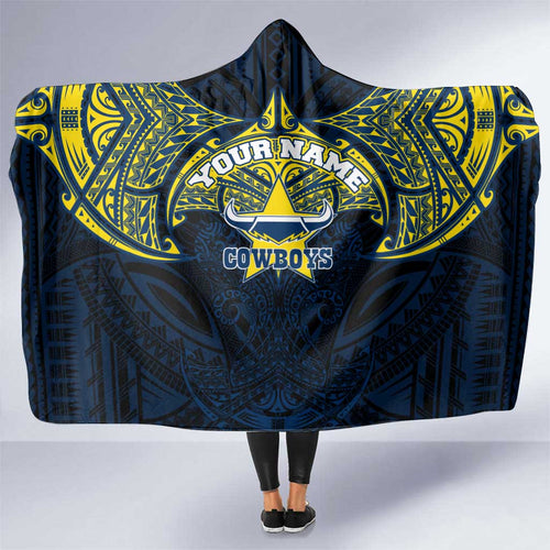 Personalized North Queensland Cowboys Hooded Blanket Polynesian Tribal Pattern Style