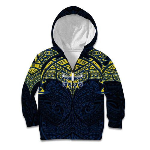 Personalized North Queensland Cowboys Kid Hoodie Polynesian Tribal Pattern Style