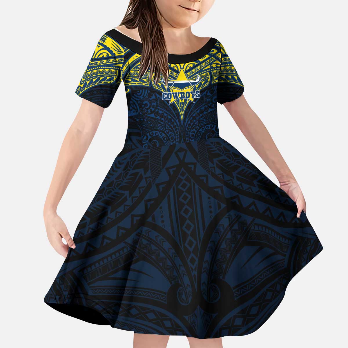 Personalized North Queensland Cowboys Kid Short Sleeve Dress Polynesian Tribal Pattern Style