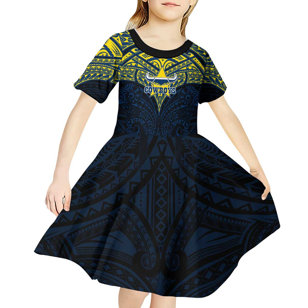 Personalized North Queensland Cowboys Kid Short Sleeve Dress Polynesian Tribal Pattern Style