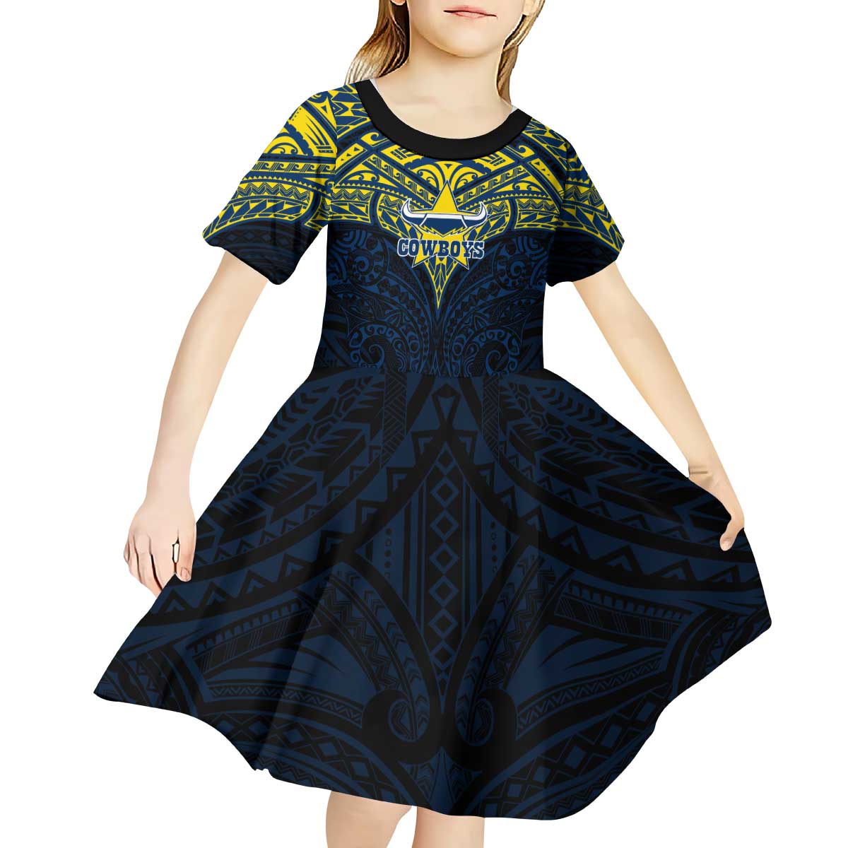 Personalized North Queensland Cowboys Kid Short Sleeve Dress Polynesian Tribal Pattern Style