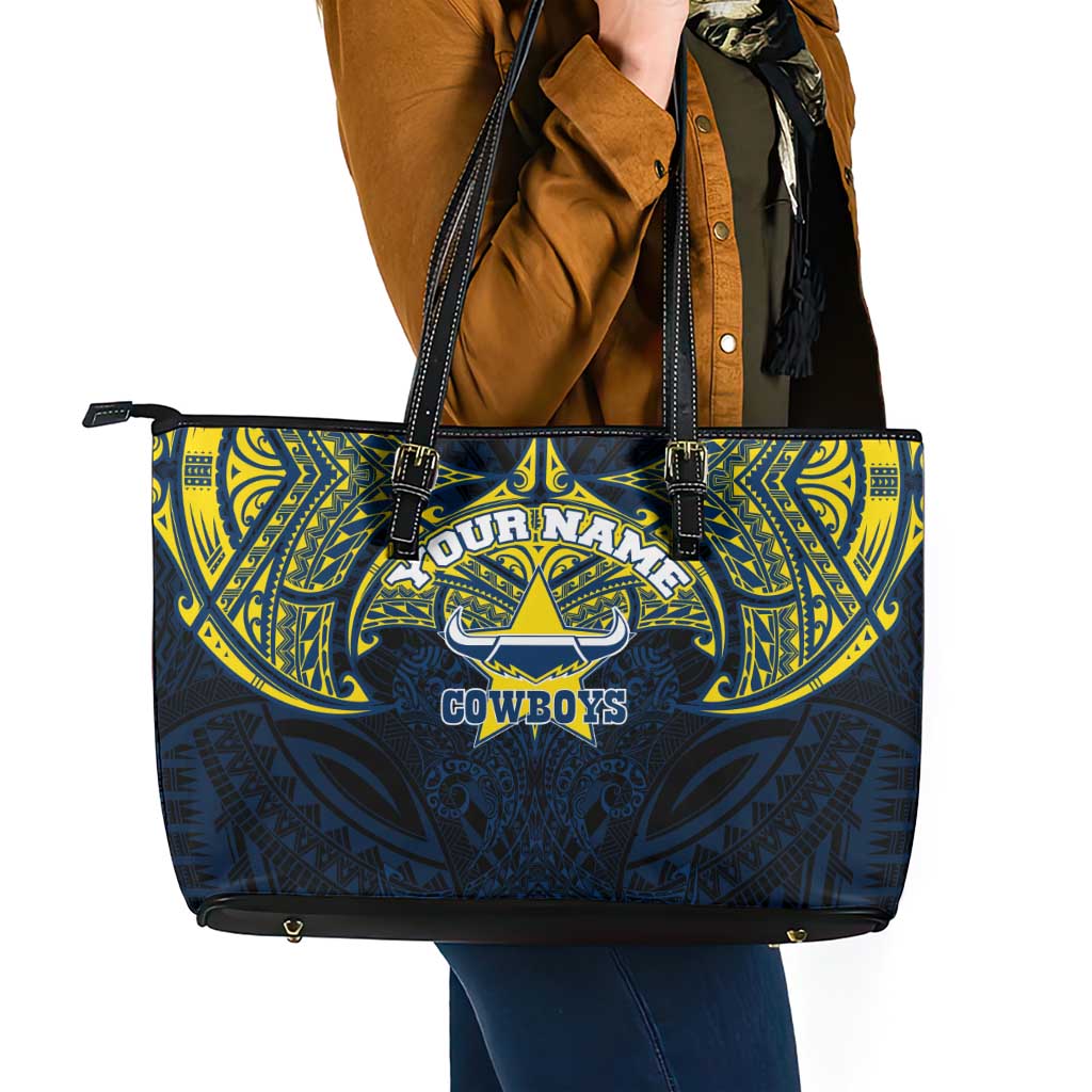 Personalized North Queensland Cowboys Leather Tote Bag Polynesian Tribal Pattern Style