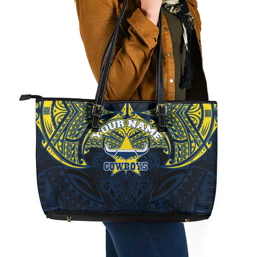 Personalized North Queensland Cowboys Leather Tote Bag Polynesian Tribal Pattern Style