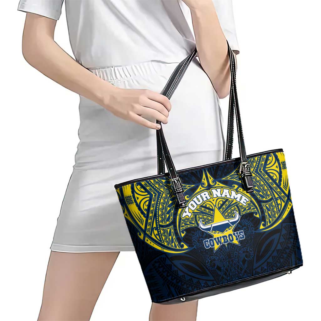 Personalized North Queensland Cowboys Leather Tote Bag Polynesian Tribal Pattern Style