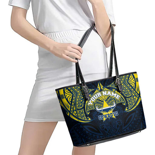 Personalized North Queensland Cowboys Leather Tote Bag Polynesian Tribal Pattern Style