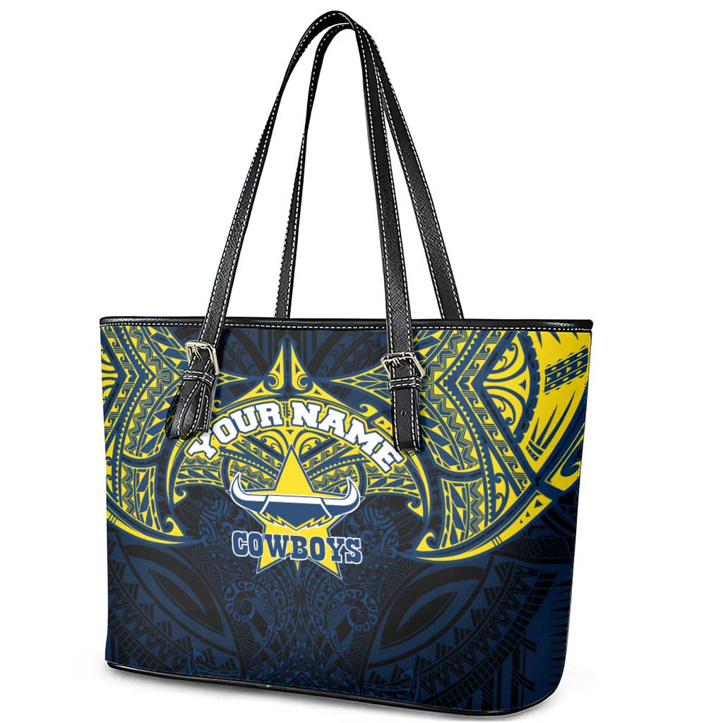 Personalized North Queensland Cowboys Leather Tote Bag Polynesian Tribal Pattern Style