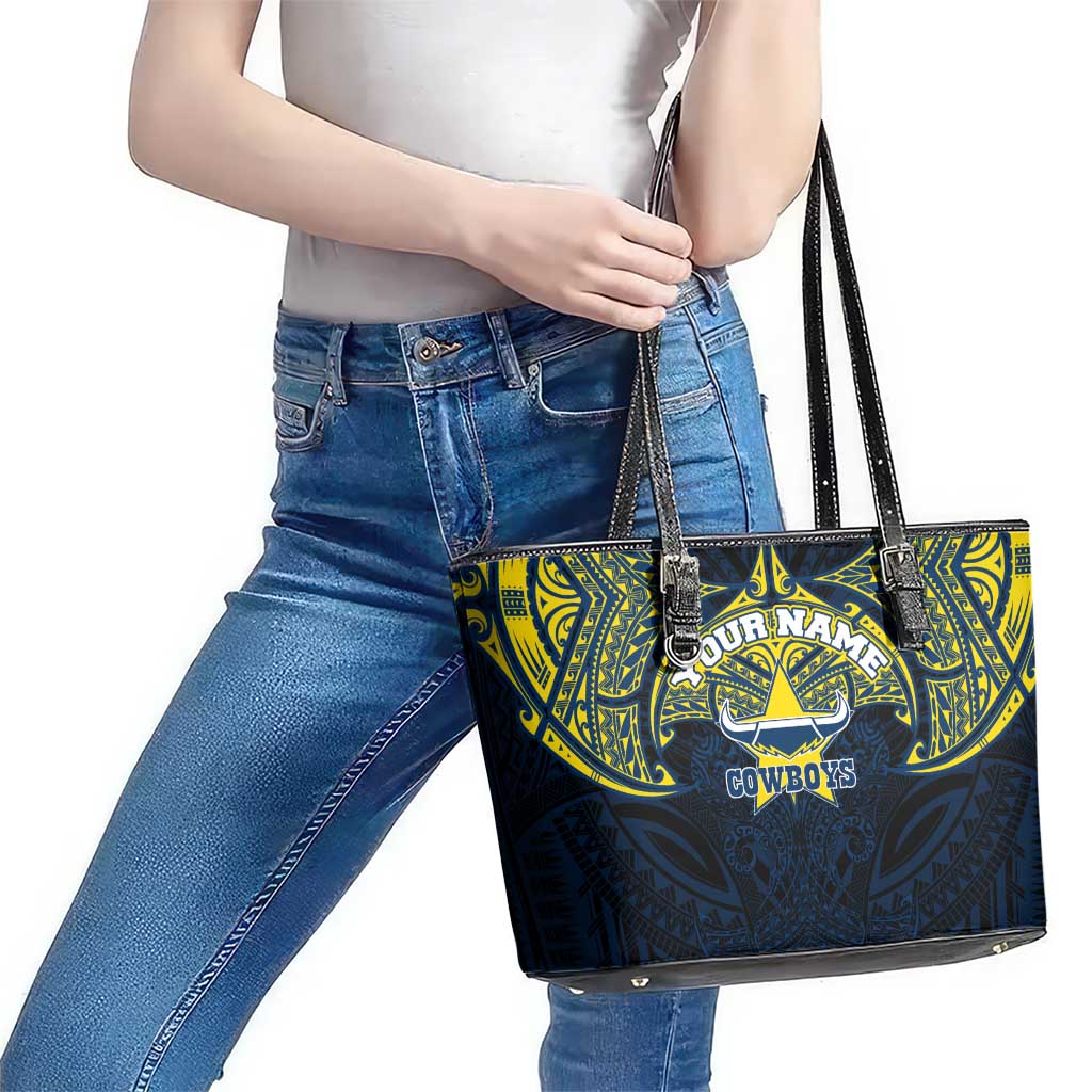 Personalized North Queensland Cowboys Leather Tote Bag Polynesian Tribal Pattern Style