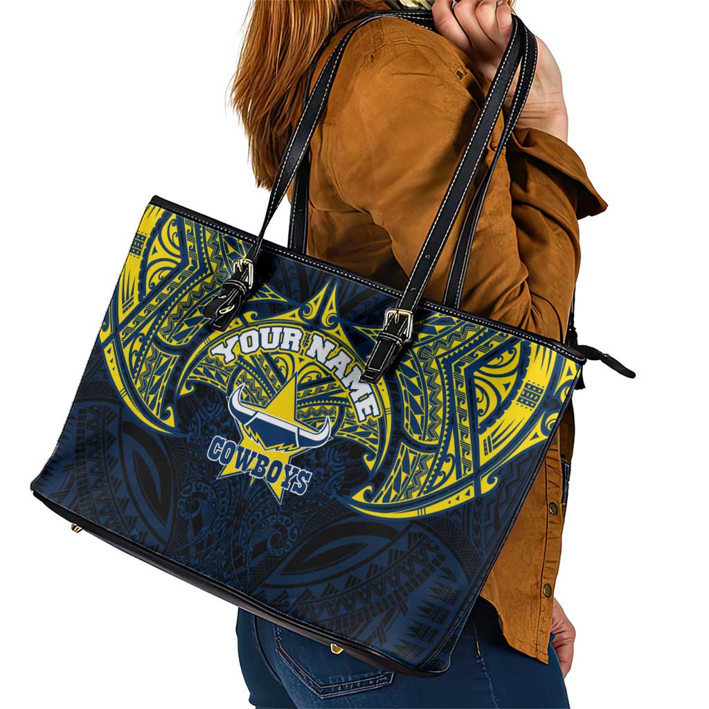 Personalized North Queensland Cowboys Leather Tote Bag Polynesian Tribal Pattern Style
