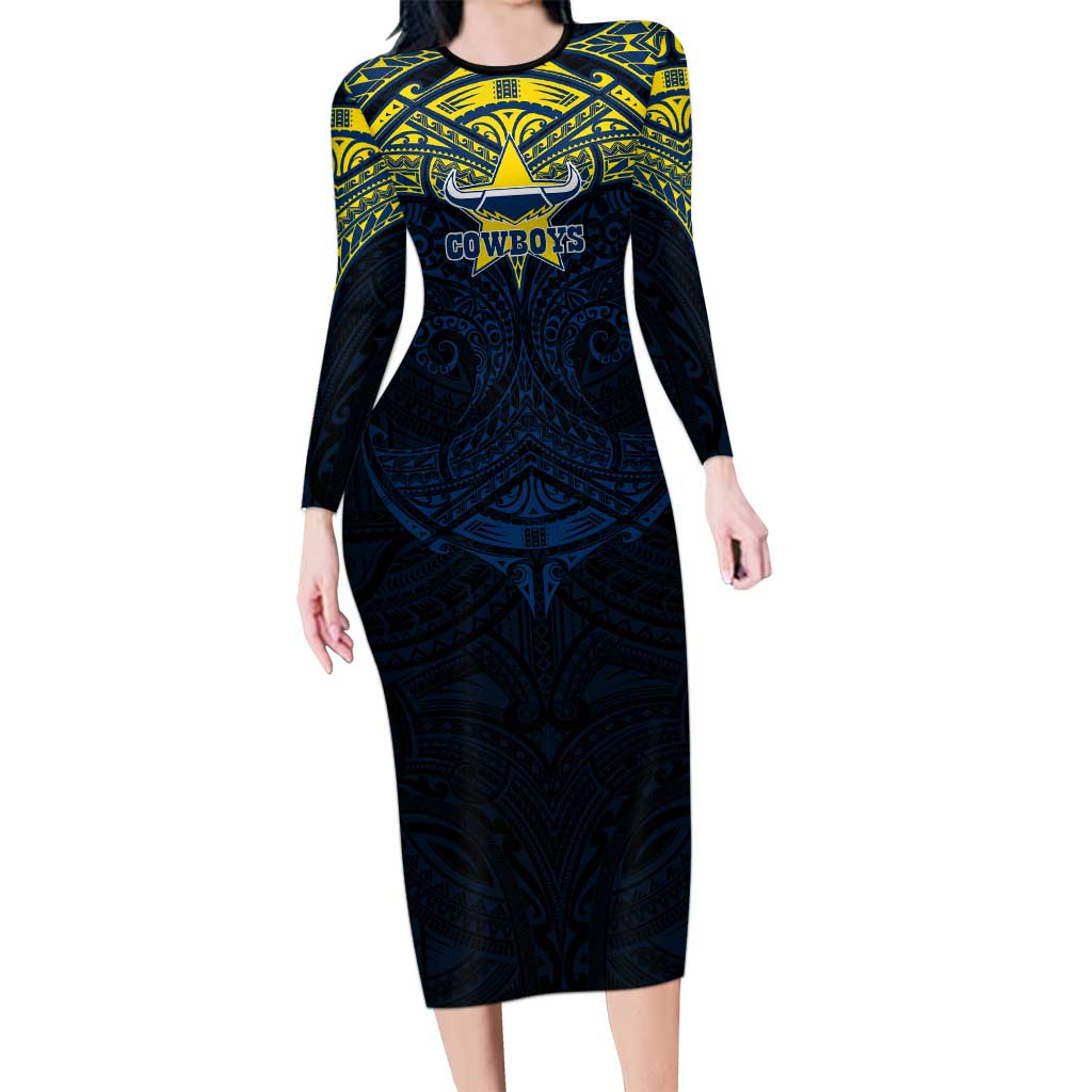 Personalized North Queensland Cowboys Long Sleeve Bodycon Dress Polynesian Tribal Pattern Style