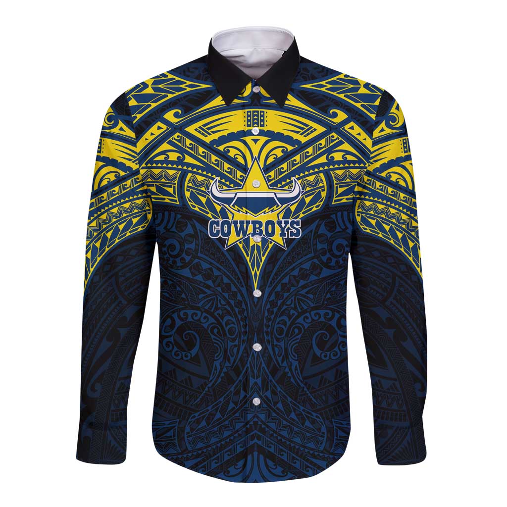 Personalized North Queensland Cowboys Long Sleeve Button Shirt Polynesian Tribal Pattern Style