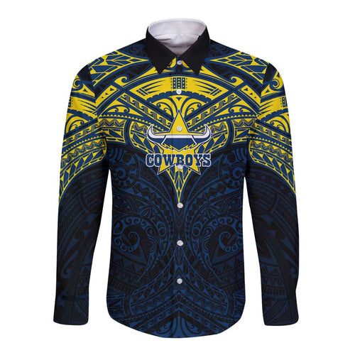 Personalized North Queensland Cowboys Long Sleeve Button Shirt Polynesian Tribal Pattern Style