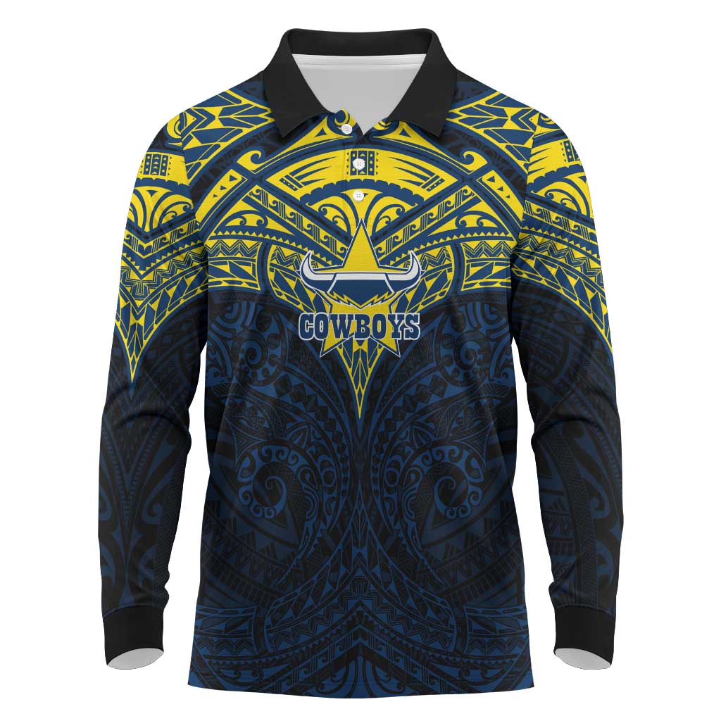 Personalized North Queensland Cowboys Long Sleeve Polo Shirt Polynesian Tribal Pattern Style