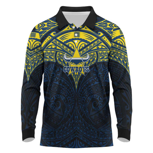 Personalized North Queensland Cowboys Long Sleeve Polo Shirt Polynesian Tribal Pattern Style