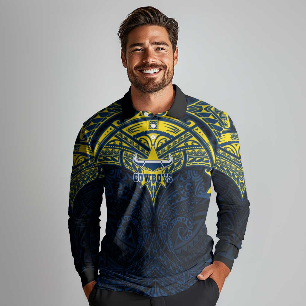 Personalized North Queensland Cowboys Long Sleeve Polo Shirt Polynesian Tribal Pattern Style