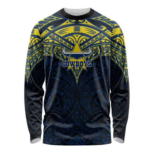 Personalized North Queensland Cowboys Long Sleeve Shirt Polynesian Tribal Pattern Style