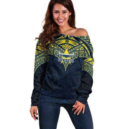 Personalized North Queensland Cowboys Off Shoulder Sweater Polynesian Tribal Pattern Style
