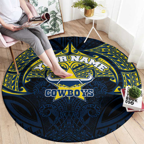 Personalized North Queensland Cowboys Round Carpet Polynesian Tribal Pattern Style