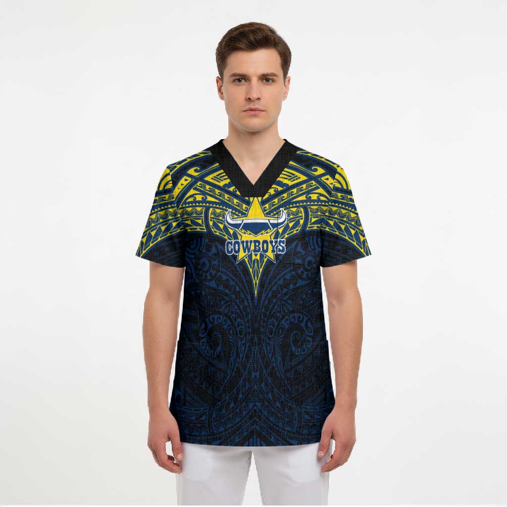 Personalized North Queensland Cowboys Scrub Top Polynesian Tribal Pattern Style