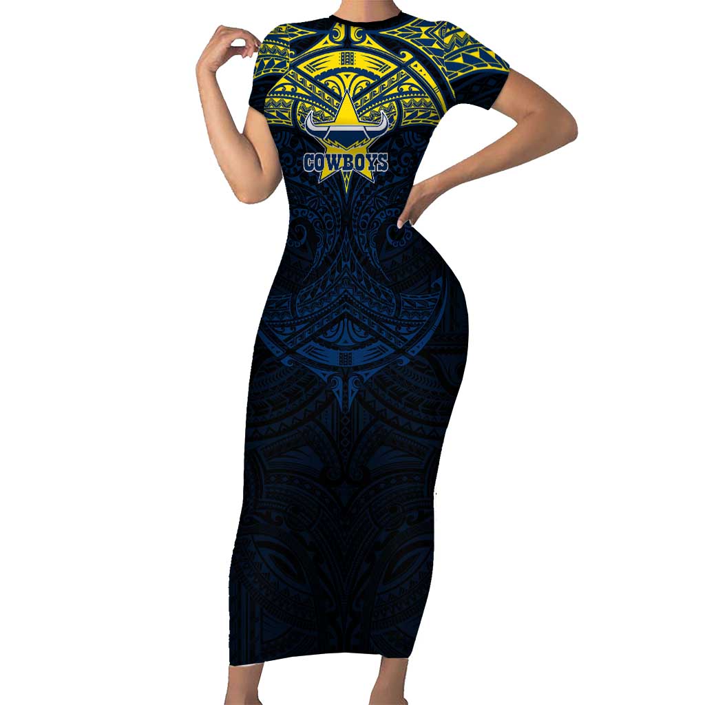 Personalized North Queensland Cowboys Short Sleeve Bodycon Dress Polynesian Tribal Pattern Style