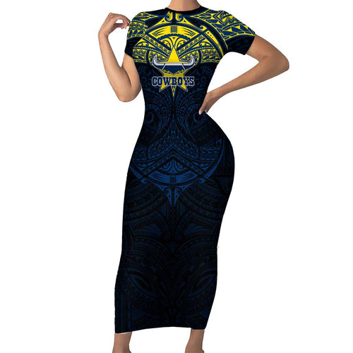 Personalized North Queensland Cowboys Short Sleeve Bodycon Dress Polynesian Tribal Pattern Style
