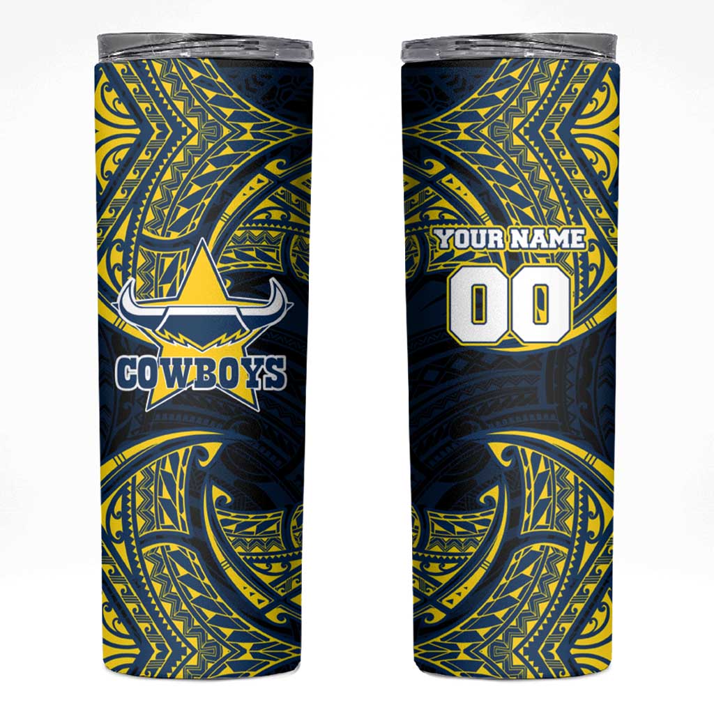 Personalized North Queensland Cowboys Skinny Tumbler Polynesian Tribal Pattern Style