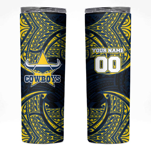 Personalized North Queensland Cowboys Skinny Tumbler Polynesian Tribal Pattern Style