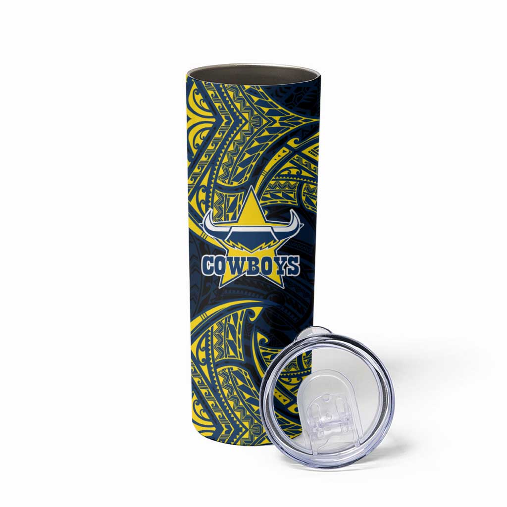Personalized North Queensland Cowboys Skinny Tumbler Polynesian Tribal Pattern Style