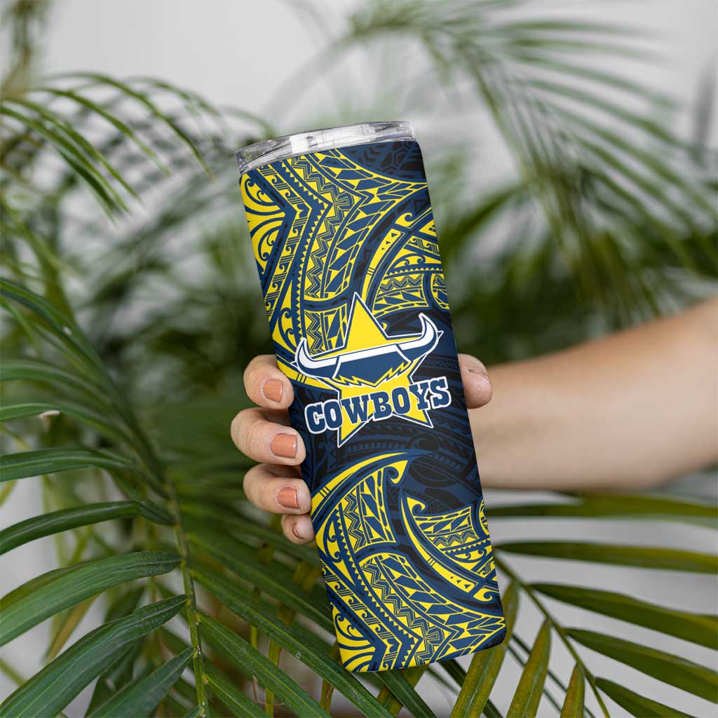 Personalized North Queensland Cowboys Skinny Tumbler Polynesian Tribal Pattern Style