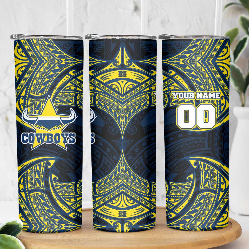 Personalized North Queensland Cowboys Skinny Tumbler Polynesian Tribal Pattern Style