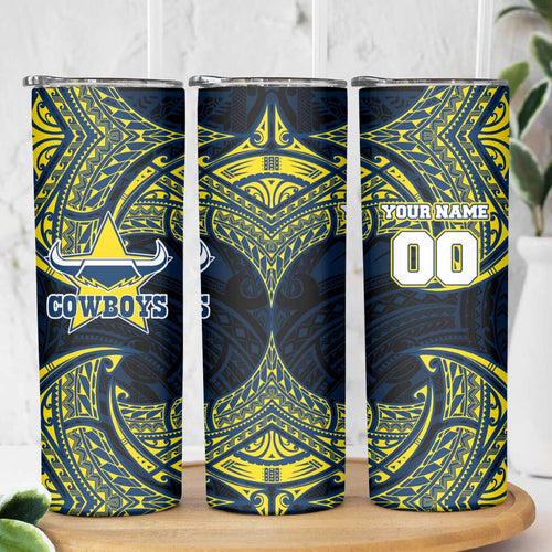Personalized North Queensland Cowboys Skinny Tumbler Polynesian Tribal Pattern Style