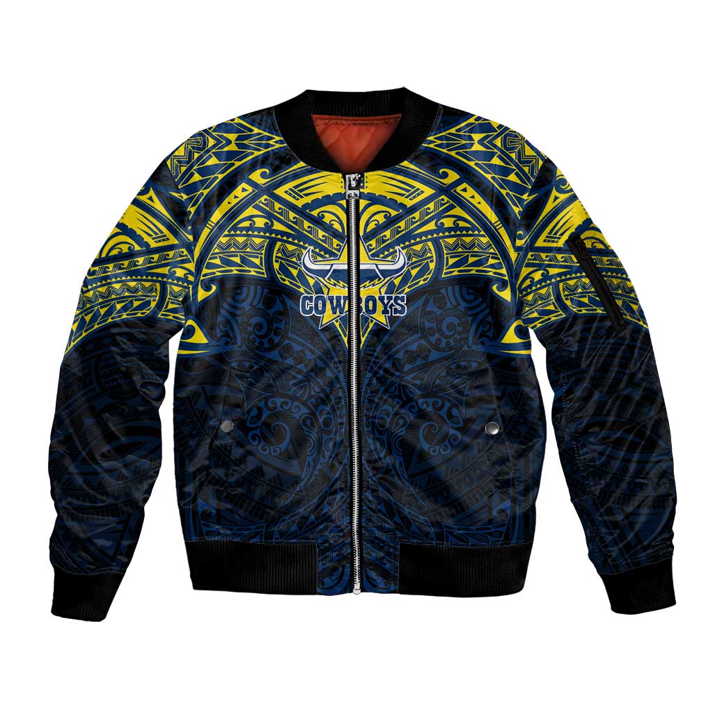 Personalized North Queensland Cowboys Sleeve Zip Bomber Jacket Polynesian Tribal Pattern Style