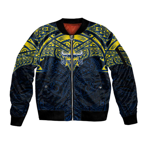 Personalized North Queensland Cowboys Sleeve Zip Bomber Jacket Polynesian Tribal Pattern Style