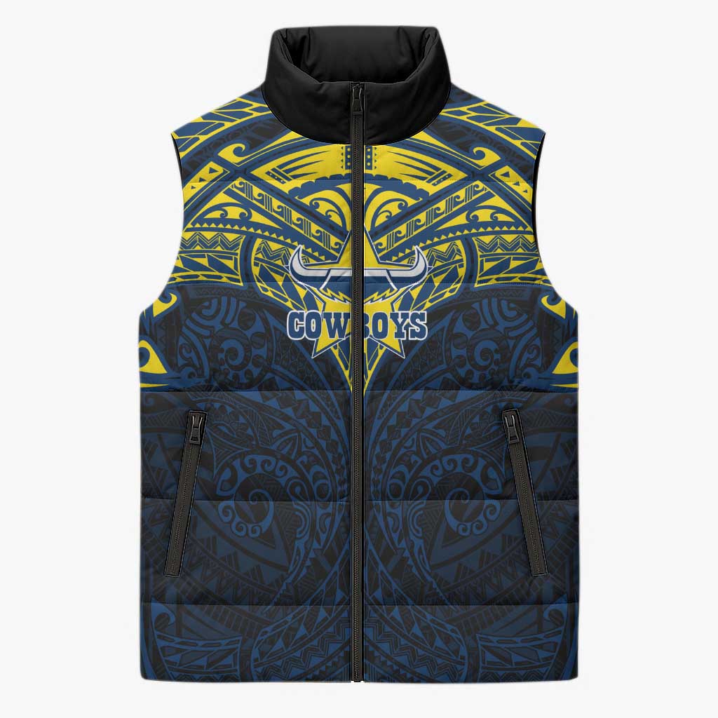 Personalized North Queensland Cowboys Sleeveless Puffer Jacket Polynesian Tribal Pattern Style