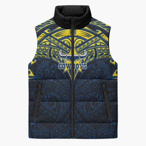 Personalized North Queensland Cowboys Sleeveless Puffer Jacket Polynesian Tribal Pattern Style