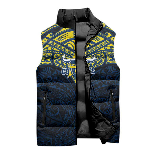 Personalized North Queensland Cowboys Sleeveless Puffer Jacket Polynesian Tribal Pattern Style