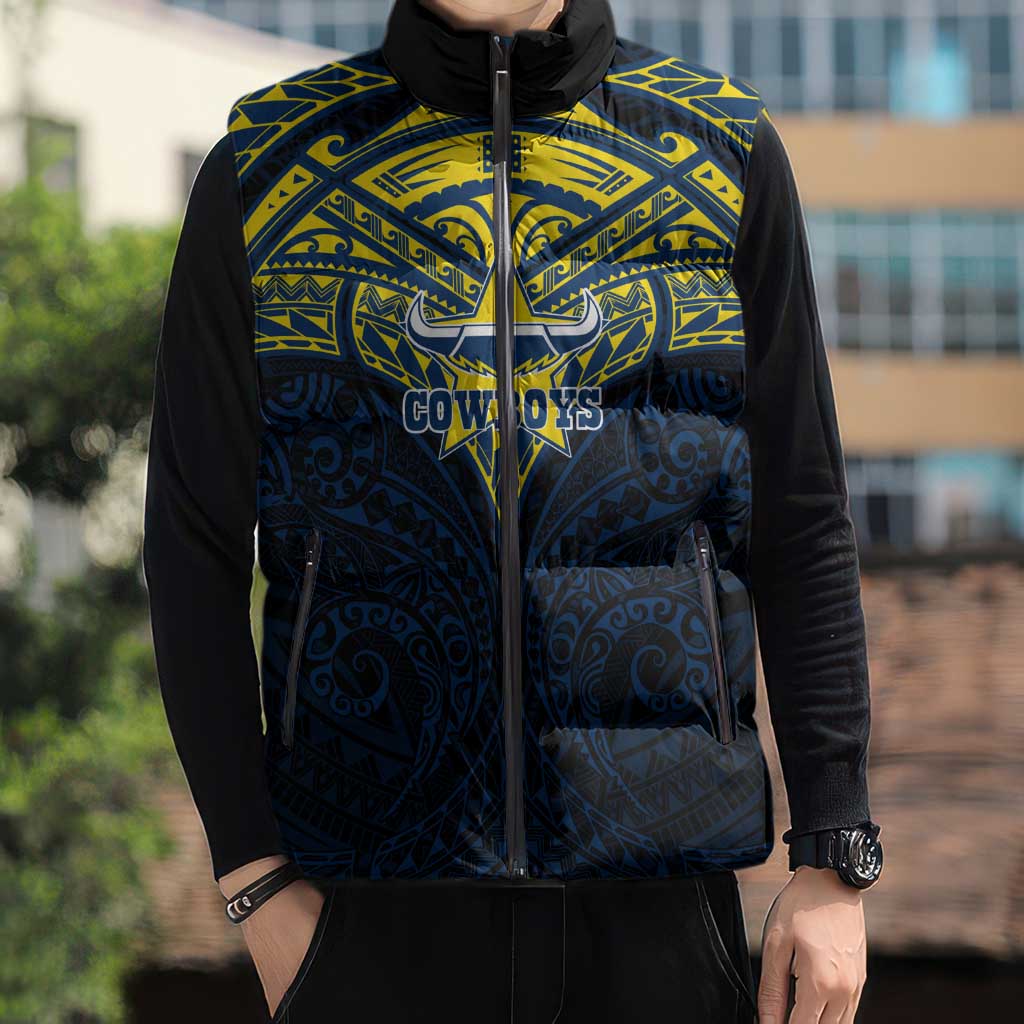 Personalized North Queensland Cowboys Sleeveless Puffer Jacket Polynesian Tribal Pattern Style