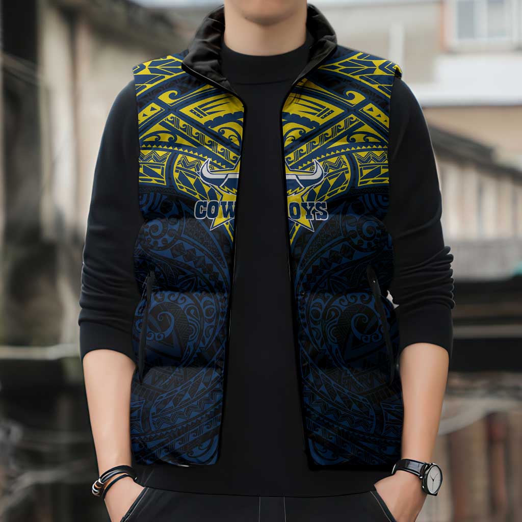 Personalized North Queensland Cowboys Sleeveless Puffer Jacket Polynesian Tribal Pattern Style