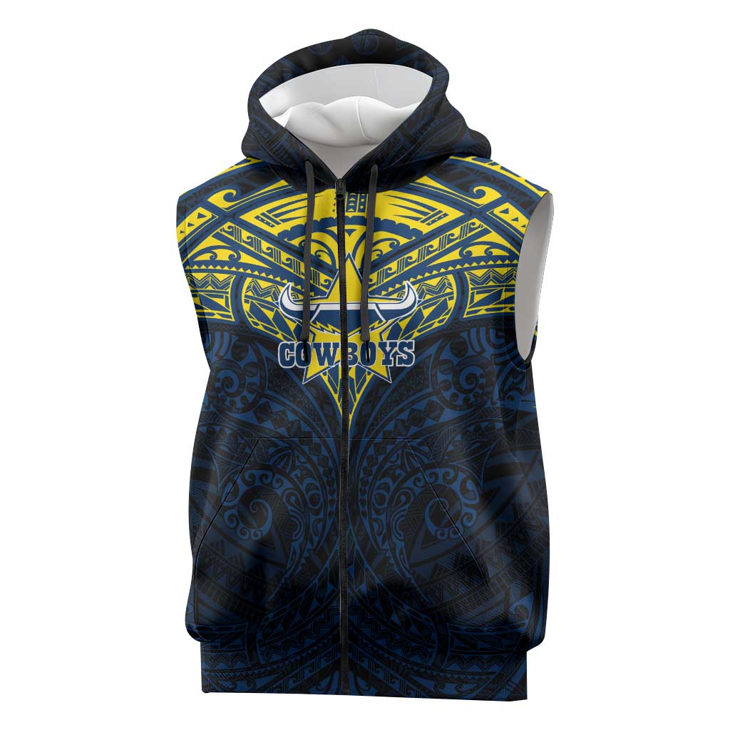Personalized North Queensland Cowboys Sleeveless Zip Hoodie Polynesian Tribal Pattern Style